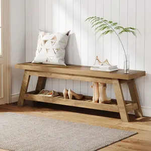 LITTLE TREE 55" Wood Entryway Bench with Shoe Storage, Large 2-Tier Narrow Hallway Foyer Seating Bench with Open Shelves for Entryway, Bedroom, Mudroom