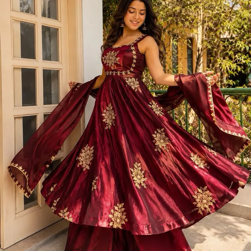 Presenting By New Party Wear Look jimichu Satin Gown With Dupatta, pant, 3MM Met sequence with Zari