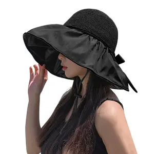 Womens Straw Sun Hat Wide Brim UV Protection Bucket Hat Foldable Packable Bowknot Visor Sun Cap Summer Outdoor Beach Cap