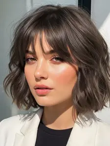 10 Inch Fashionable New Short Curly Dark Brown Wigs with Bangs Synthetic Soft Hair Wigs for Women, Suitable for Ordinary Work, Life, Dance Parties and All Occasions, Synthetic Machine Wigs