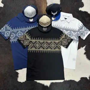 Aztec Print Polos- Menswear, shortsleeve western Polos. Blue, Black, White Stylish Shirts