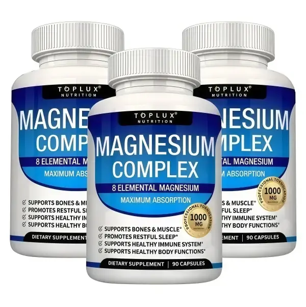 [Flash sale 3 Pack] Toplux Nutrition Magnesium Complex 1000mg 90Capsules 7 Elemental Sources for Bone MuscleSleep Immune Support Malate Taurate ChelatedEasy Absorption for Men Women - Mineral,Healthcare