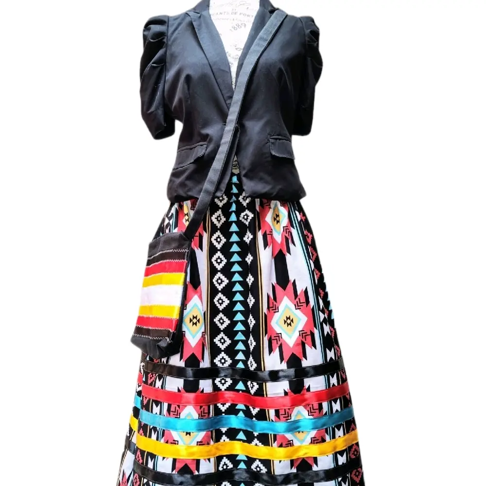 Native Made Tribal Black Ribbon Skirt with Colorful Aztec Print - Authentic Tribal Design Skirt