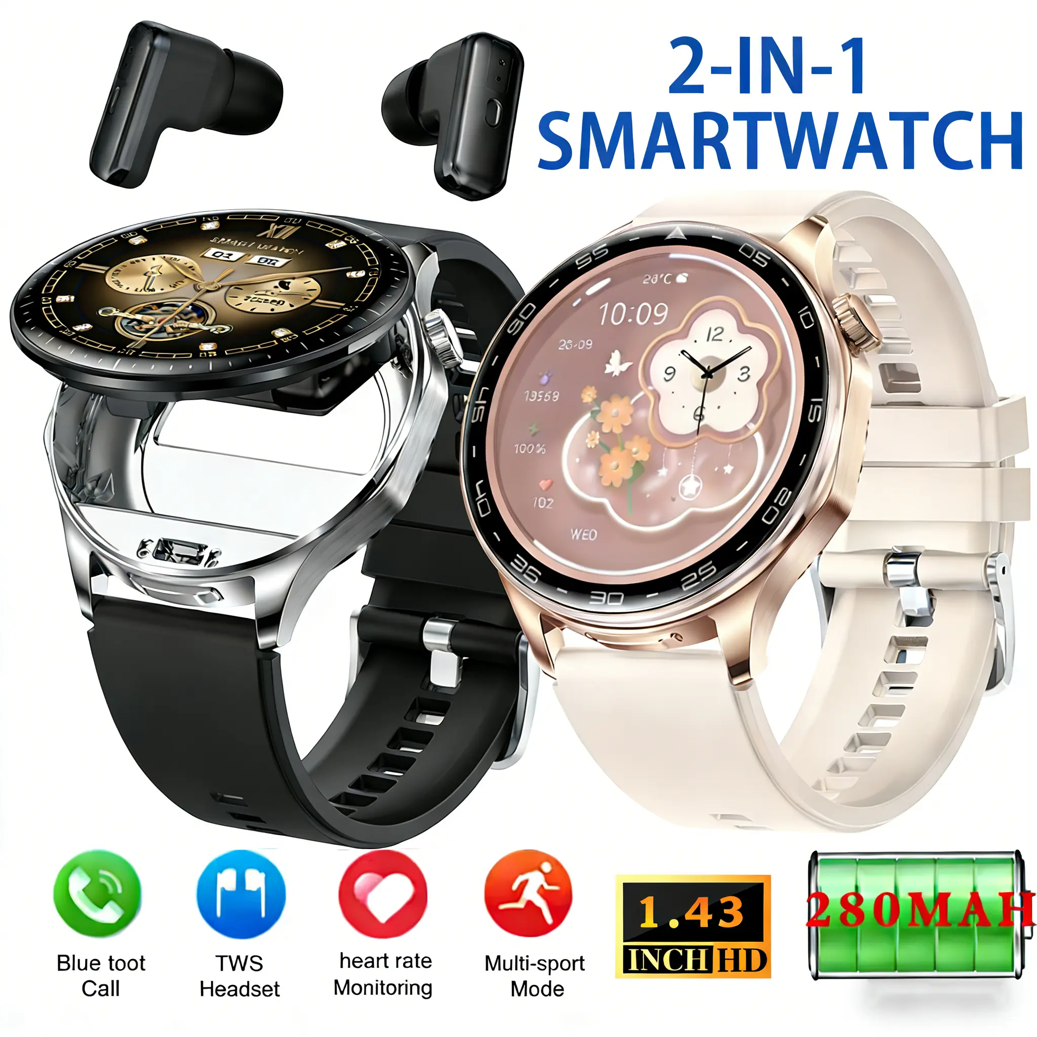2-in-1 Smart Watch with Noise-Canceling Bluetooth Earbuds, 1.43" AMOLED Colorful Touch Screen, Metal (Zinc Alloy) Frame, Calorie Tracker, Waterproof Fitness Watch for Men & Women, Android Compatible, Long Standby, App Control, Gift Option
