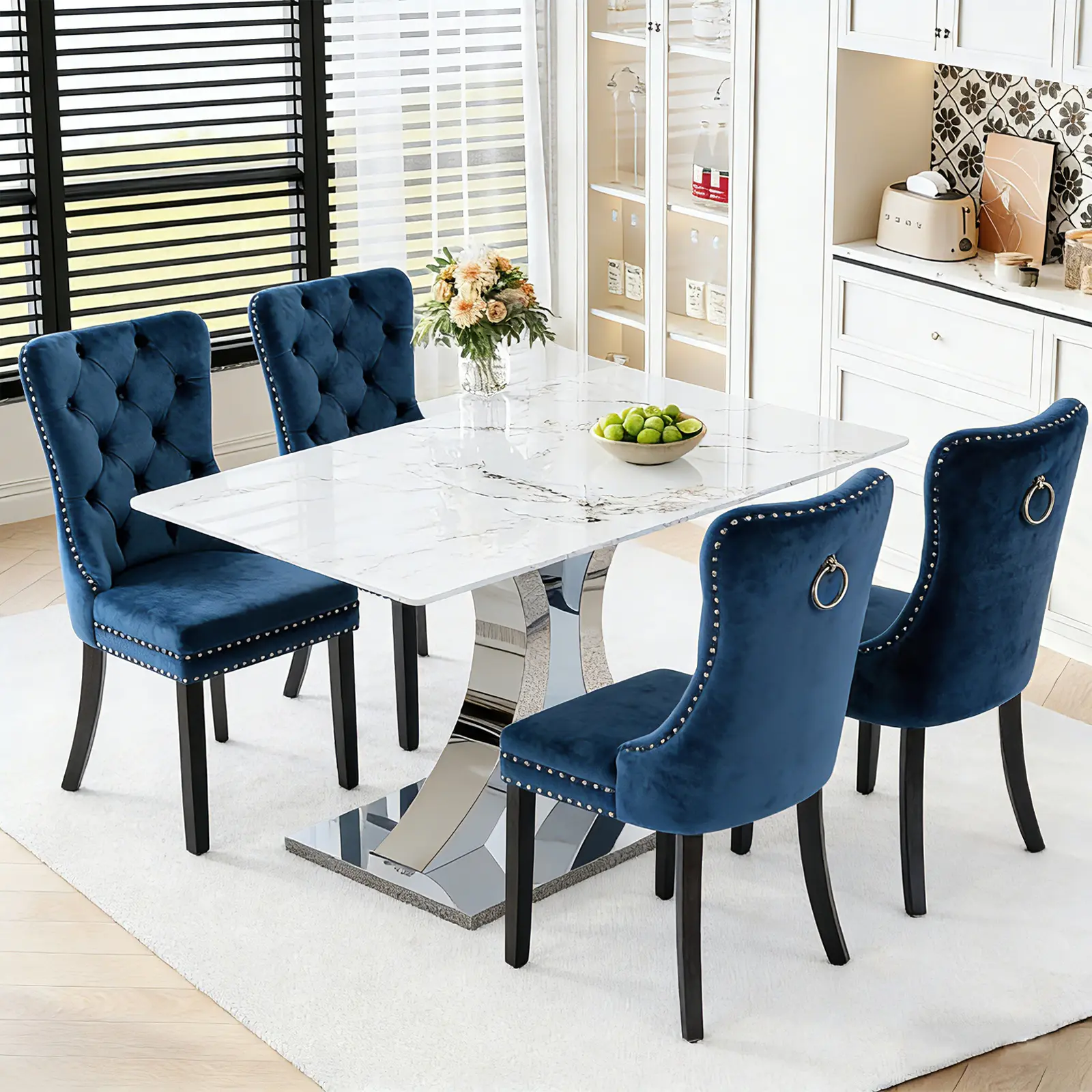 1 Table+4 Blue Solid Wood Legs