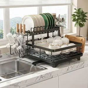 2-Tier Dish Drying Rack with Drainboard, Space-Saving Kitchen Organizer for Plates, Bowls & Utensils, Perfect for Small Kitchens & Daily Cleanup