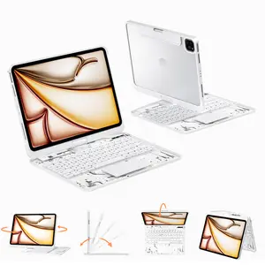 Transparent White Touch 360° Rotatable Keyboard Case for Apple iPad (8.3'/10.2'/10.9'/11'/12.9'/13 inch )ipad 7-11th(A16)/ipad air(2022-2026) / ipad pro (2018-2025) and ipad mini ,High-strength acrylic, impact-resistant,Backlight &7-Color Backlight