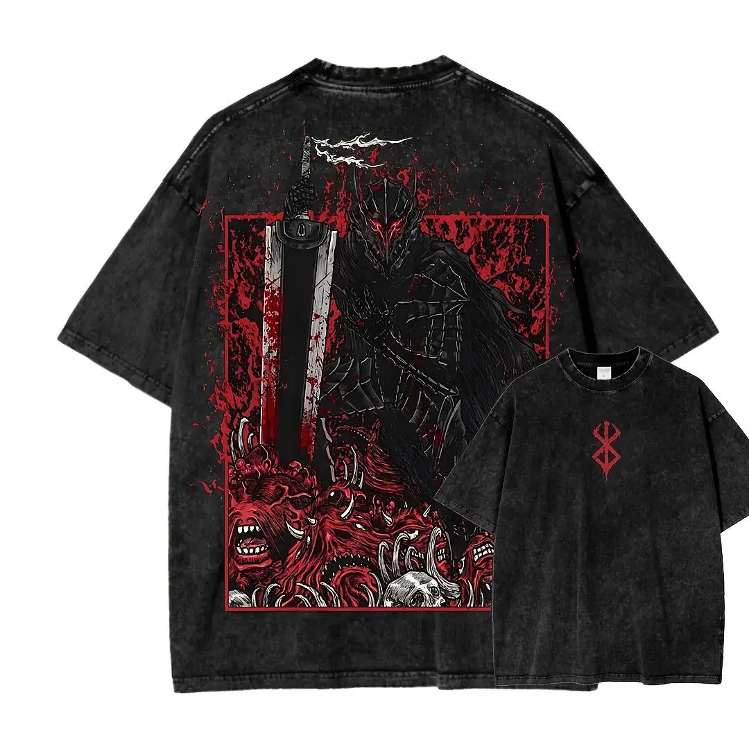 Men's Berserk Distressed Festive Menswear Round Neck Short-Sleeve Washed, Figure-Flattering Unisex-Fit T-Shirt