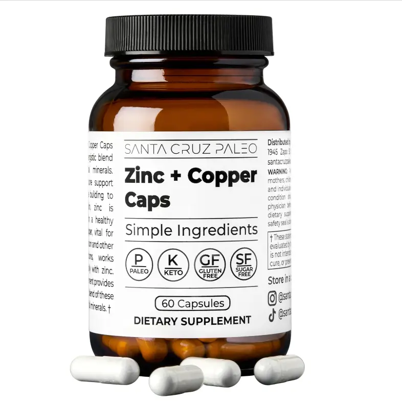 Santa Cruz Paleo, Zinc & Copper Mineral Supplement, High Absorption Formula, Zinc Supplement for Skin & Hair, L Methionine, Copper Gluconate, Trace Minerals, Gluten Free, Keto, Paleo, 60 Capsules