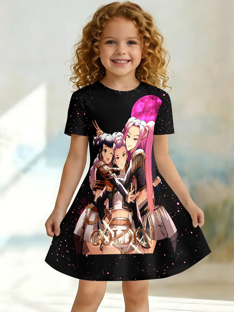 Cartoon Anime Print Girls' Dress, Round Neck Short Sleeve Casual One-Piece,  Knee Length Fitted Style, Fashion Print Dress, Summer Cute Dresses - TikTok  Shop
