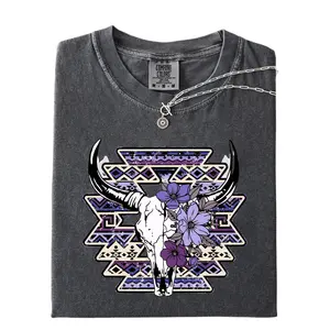 Women's Purple Aztec Cow Skull Printed T-Shirt