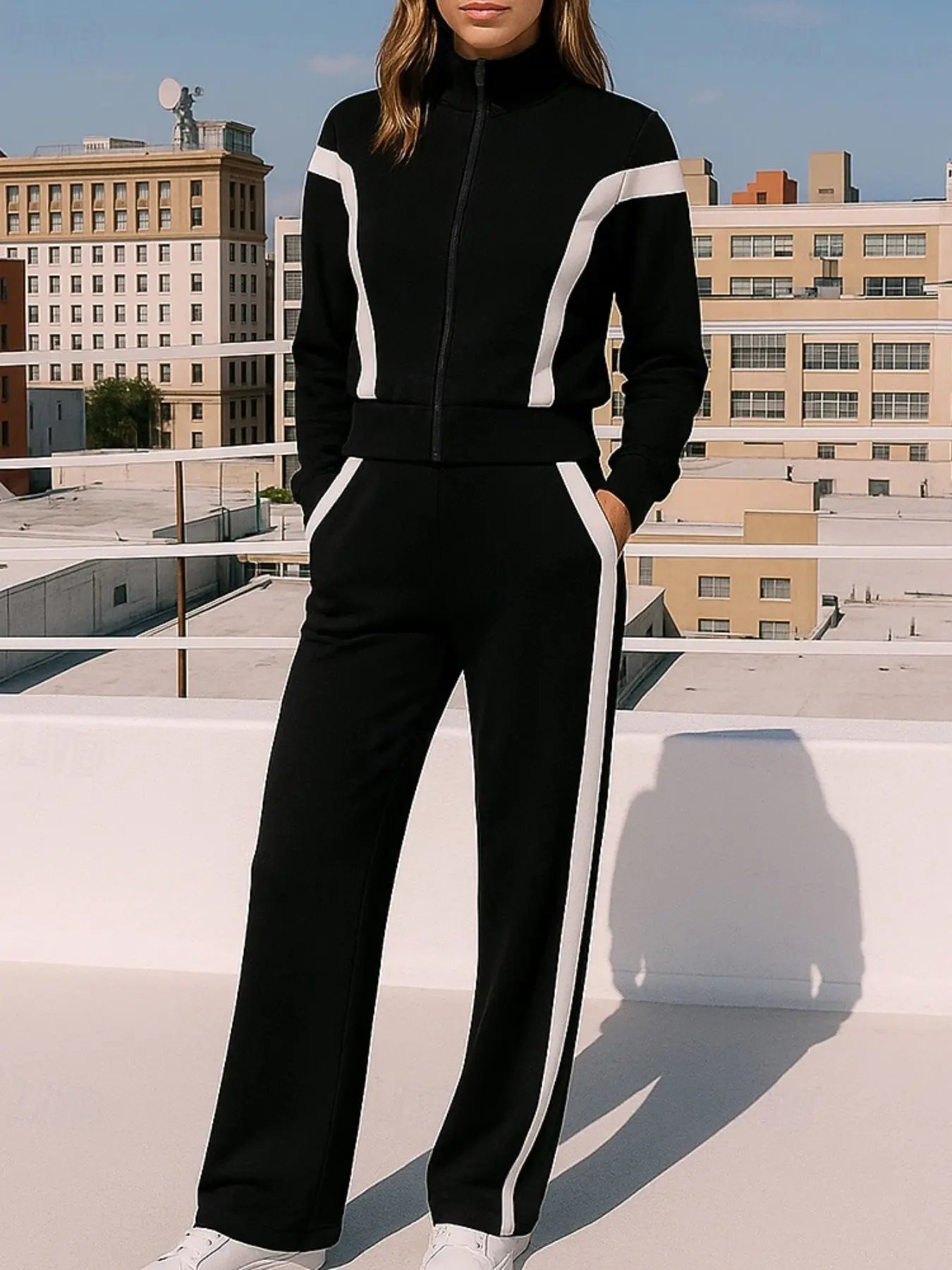 Women's Sporty Comfy Breathable Sportswear Set, Zipper Sports Pants, Colorblock Striped, Autumn Winter Commuter Leisure Set, Outdoor Sports, Athleisure Sweatsuit, Activewear Clothing, Athleisure Outfit, Sweatsuit Sets