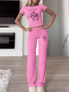Hearts Graphic Printed 2 Piece Thin Women's Crop Top Set , Casual Short Sleeve Tee & Long Flare Pants, Summer Fall Fashion, All Seasons Wear Outfit
