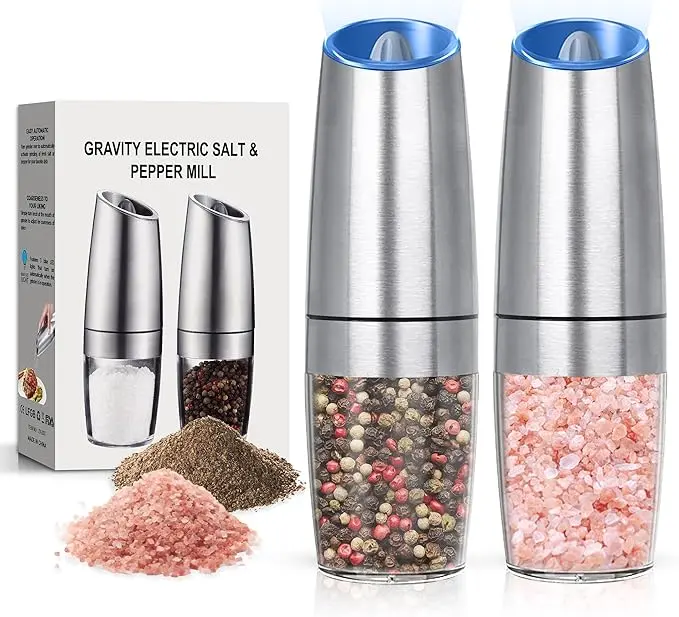 2-Pack Silver Gravity Electric Salt and Pepper Grinder Set - Adjustable Roughness, Automatic LED Light Mill, Battery-Powered, 1-Hand Operated, Upgraded Larger Capacity Seasoning Utensils for Picnic