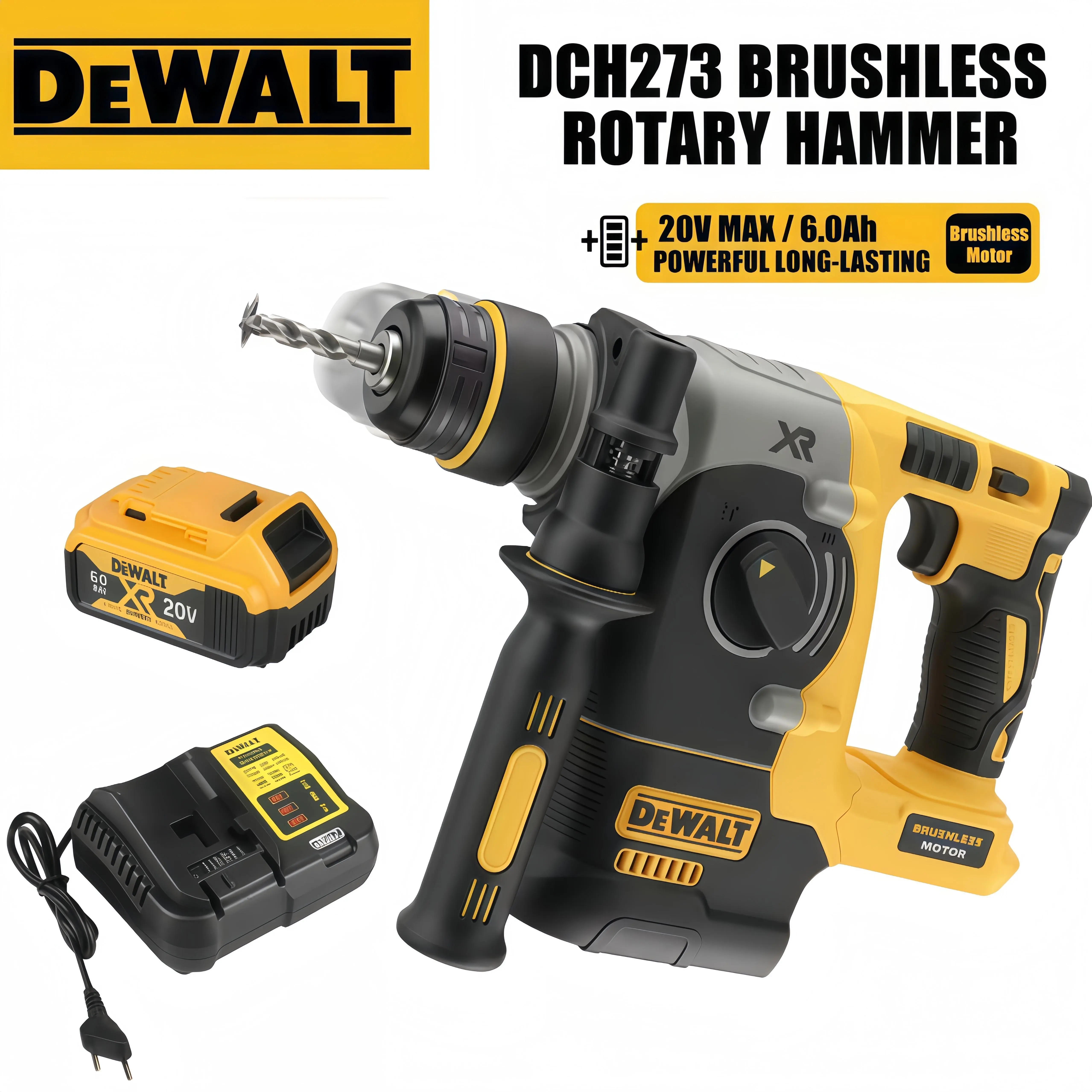 Dewalt DCH273 20V Brushless Rotary Hammer Complete Set - Professional Multi-Mode Power Tool for Masonry Tasks, Decoration Teams, 2.1J Steady Impact Force, 3 Working Modes, Active Vibration Reduction System, Multi-Modes