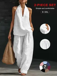 Women's Linen Sets 2 Piece Summer, Casual Sleeveless Lounge Set, Ankle Length, Loose-Fitting, Beach Vacation Clothes