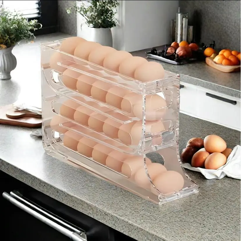 One-pack, 4-layer transparent egg storage box, automatic egg dispenser, space-saving 4-layer egg stand, larger egg storage rack, Household Fridge Storage Organizer, Refrigerator Accessories, Fridge Organizers And Storage