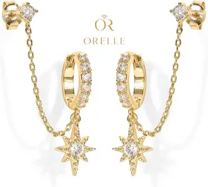 14K Gold Plated Star Chain Earrings for Women Double Piercing Set, Cubic Zirconia Huggie Hoops and Stud Earrings, Hypoallergenic Lightweight Jewelry for Sensitive Ears, Trendy Ear Stacking Gift Aesthetic 2026