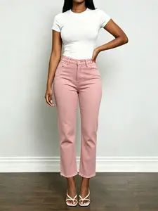 Women's Mid-Waist Nine-Inch Raw Hem Straight Leg Denim Jeans, Slim Fit, Versatile Casual Wear, Suitable for Daily Use and Commuting