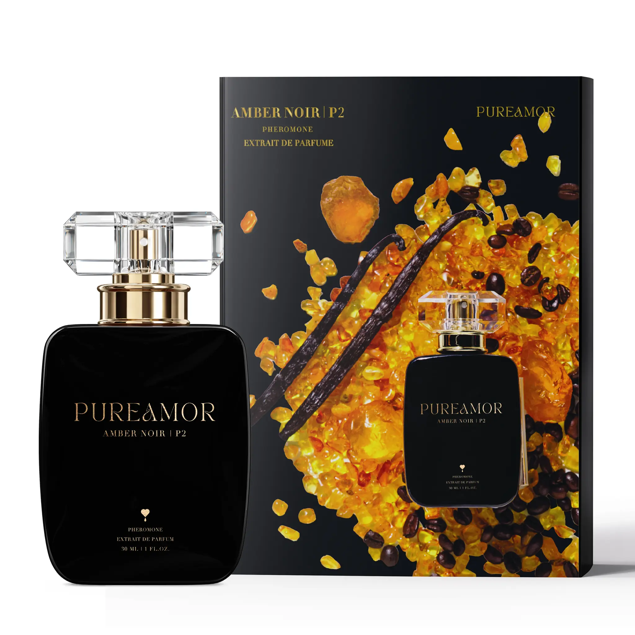 Pureamor Amber Noir P2 Pheromone Natural Spray Perfume for Women, Long Lasting Luxury Fragrance, 30ml/1 oz Extrait de Parfum(Vanilla, Jasmine, Cedarwood, Pink Pepper), Seductive Night Out Fragrance, Sensual & Cozy Fall Aroma, Amber Vanilla, Edp Fragrances