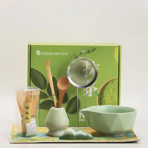 Traditional Japanese 8-Piece Matcha Tea Ceremony Complete Kit with Bamboo Whisk, Bowl, Strainer, Scoop, Holder, Gift Box