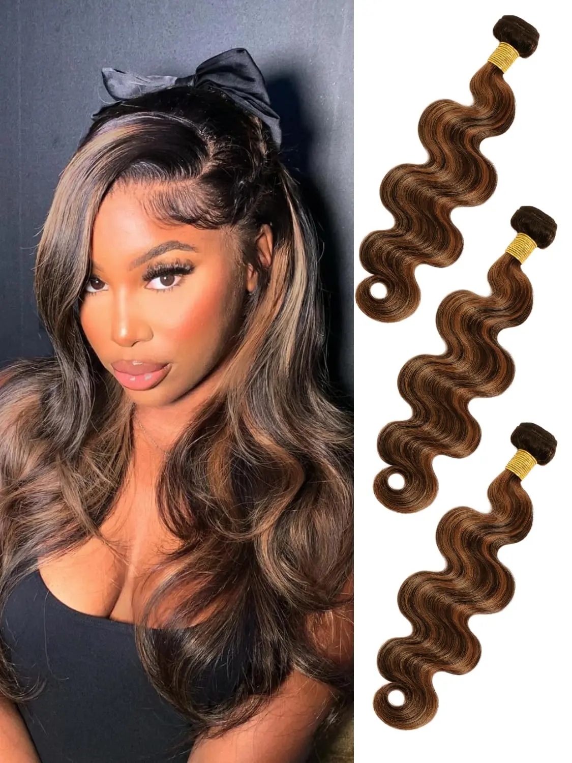 ALHER F1B/30 Ombre Body Wave Bundles, Brazilian Virgin Human Hair Weave, 3 Bundles 24 26 28 Inch, 12A Grade Extensions with Double Wefts for Sew In, Virgin Hair, Bundle Form