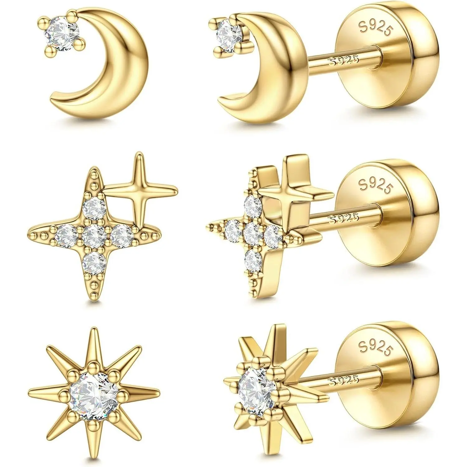 GEMQUEEN 3 Pairs Solid 925 Sterling Silver Flat Back Studs • 14K Gold Plated Poke-Free Sleeper Earrings • Hypoallergenic Cartilage Helix Tragus Piercing Set DealsForYouDays