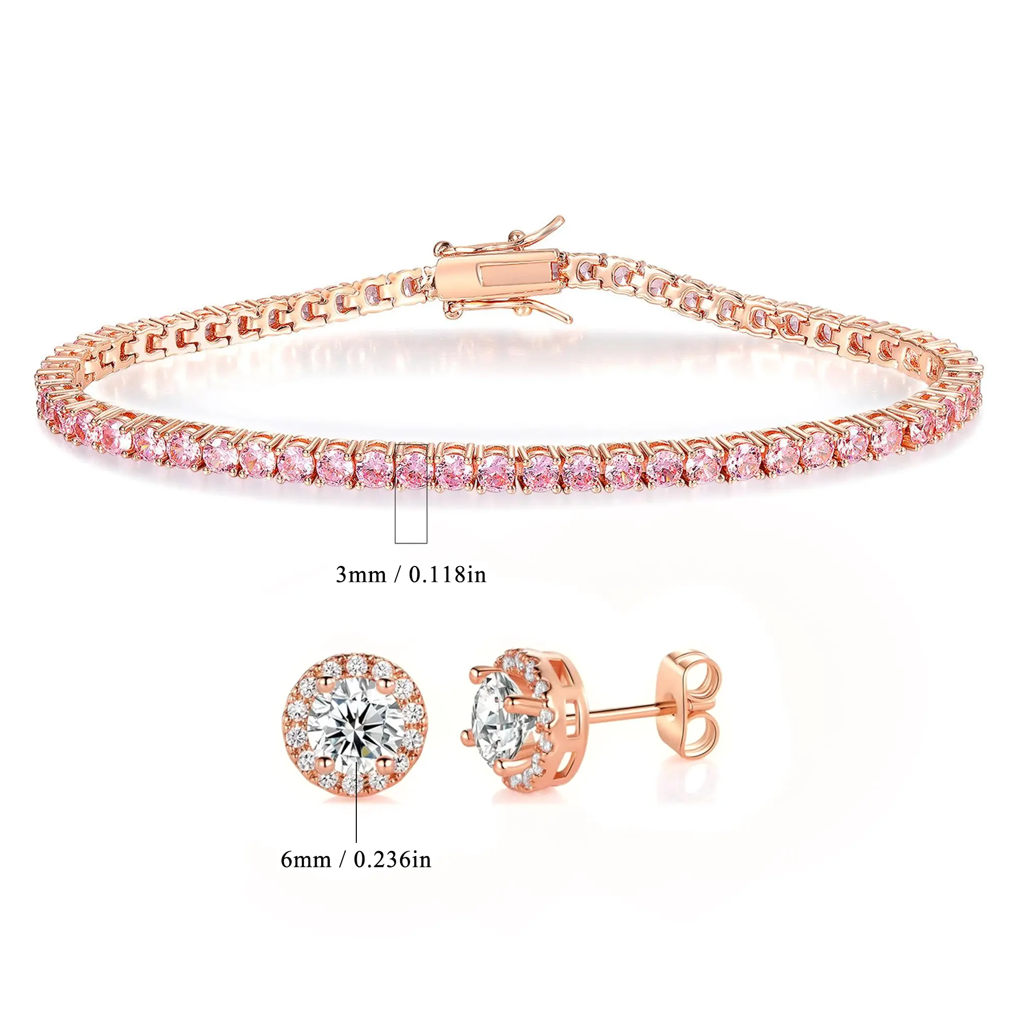 MDFUN 3MM Round Cut CZ Waterproof Pink Hypoallergenic Tennis Bracelet For Sensitive Skin Tennis Anklet Tennis chain for Men Woman Classic Couple Barcelets Anniversary Birthday Engagement Gift High Quality Hiphop Style ATS59996-R