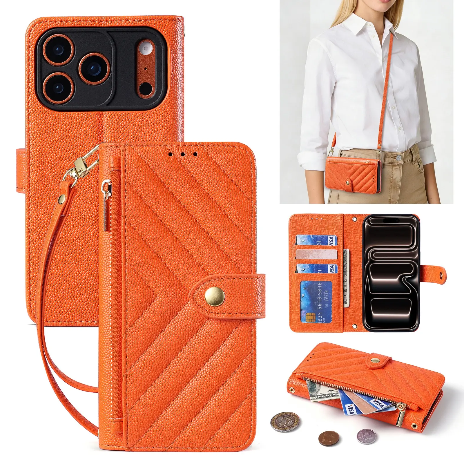 Leather Wallet Crossbody Phone Case, Magnetic Flip Cover with Kickstand, Card Slots & Zipper Coin Pocket,  Luxury Phone Purse for iPhone