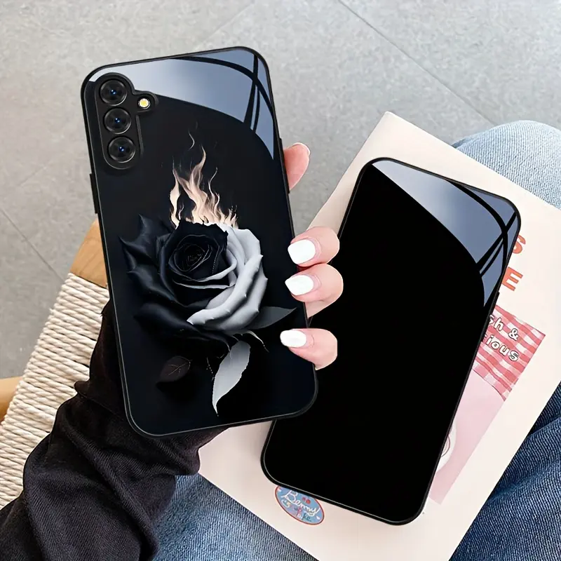 Fashionable, Versatile, Durable Black Glass Phone Casing for Samsung Galaxy A05-A05S,A06,A14-A15,A16,A35-A36,A52-A52S,A53-A54,A55-A56,S21-S24,S25 FE Plus Ultra Edge 5G with Rose Realistic Flame Design, Mobile Accessory, Tempered Glass
