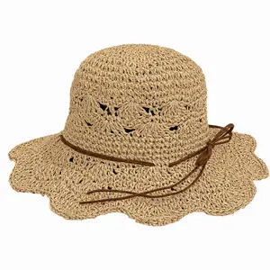 Handmade Paper Straw Sun Hat for Women, Hollow Crochet Wide Scalloped Brim Cap with Faux Leather Bow Tie, Breathable Lightweight Summer Headwear for Beach Vacation, Daily Casual Outfit and Outdoor UV Protection Accessory