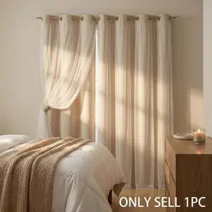 French Romantic Two-Layer Cloth Light-Blocking Finished Curtain, Fashionable Hole Drapery for Living Room, Stylish and Trendy Window Covering, Interior Decoration Accessories