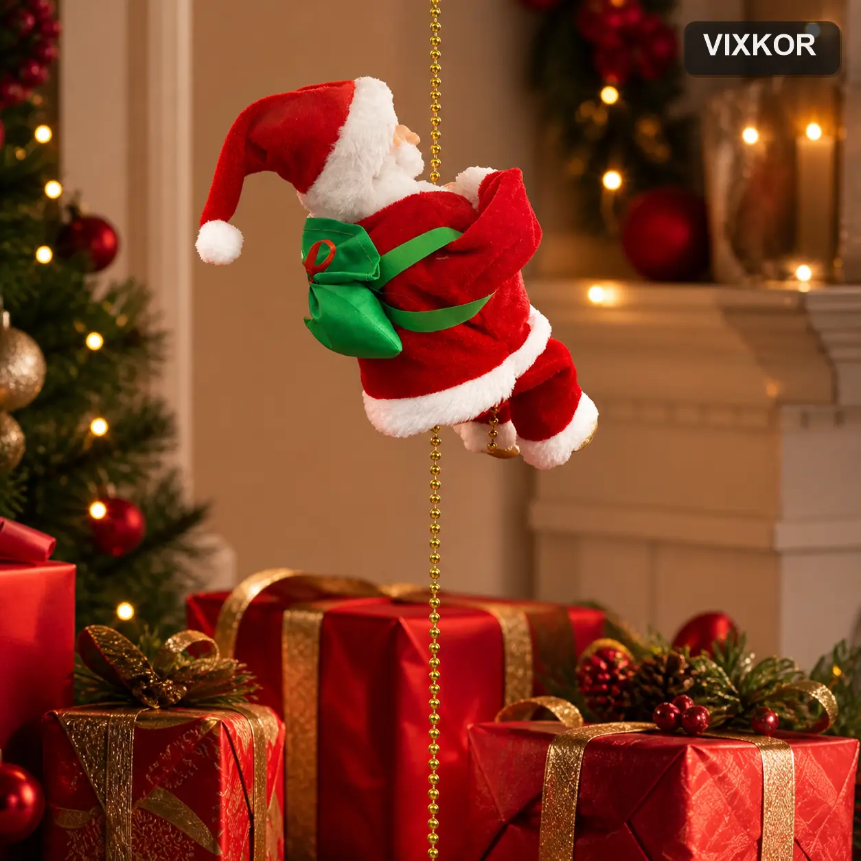 VIXKOR  Battery-Operated Climbing Santa on Rope Ladder, Hanging Non-Woven Christmas Ornament for Indoor Outdoor Home Tree Decor