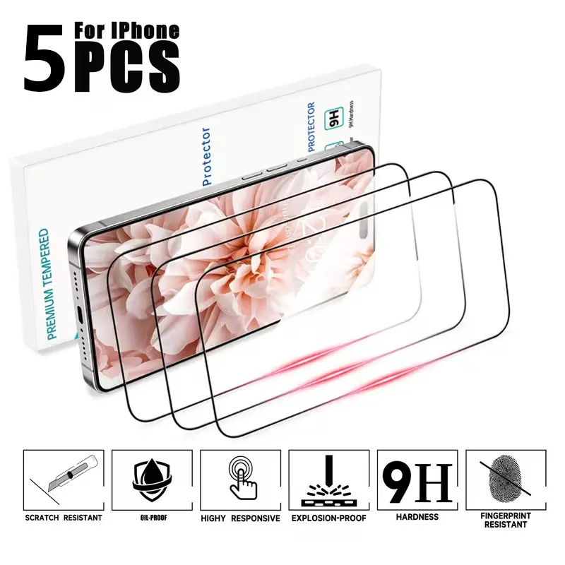 5PCS 9H Hardness Glass Screen Protector Designed for iPhone 17 Through 17/17Pro/17 Air/ 17 Pro Max 16/15/14Plus/13/12/11ProMax- Features a Smooth Surface, Anti-Fingerprint Technology, Shatter Resistance, Scratch Protection, And Easy Installation