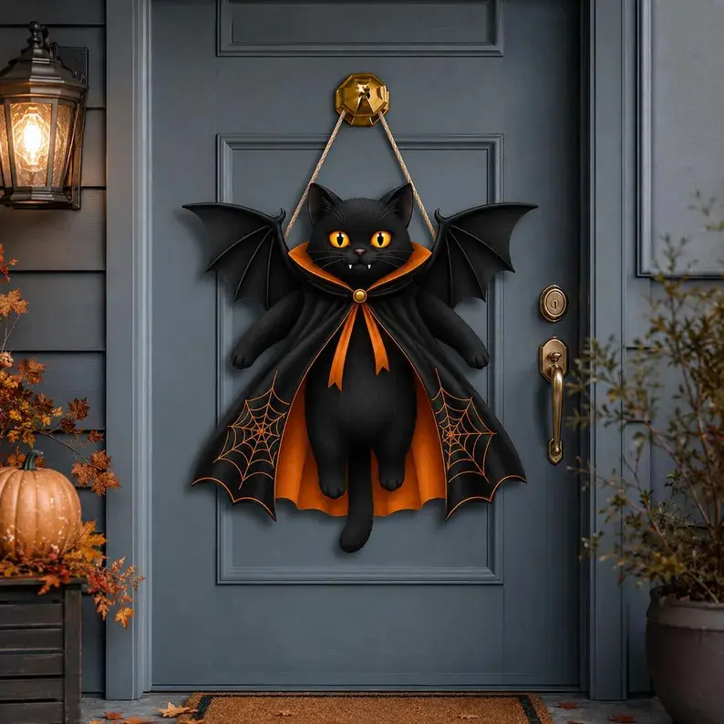 Black Cat Vampire Halloween Wreath, Gothic Bat Cat Door Hanger, Spooky Witchy Front Door Sign, Halloween Door Decor