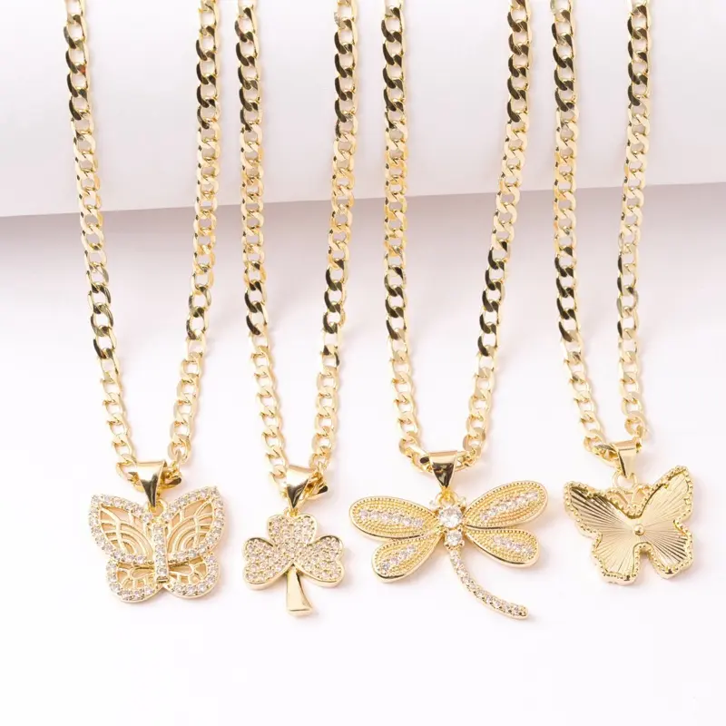 14K Gold Plated 3mm Chain with Nature Pendant – Butterfly, Clover & Dragonfly