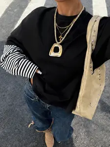 Women's Trendy Aesthetic Layered Long-sleeve T-shirt, Black & White Color-block Top, Oversized Crewneck Casual Fit Top Perfect for Streetwear & Daily Wear