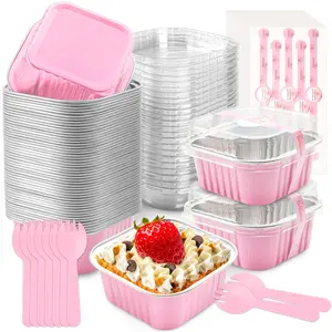 50 Pcs Mini Cake Pans with Lids and Spoons Aluminum Foil Mini Square Baking Cups with Lids Disposable Ramekins Cake Pans Dessert Cups for Wedding Birthday Party(Pink,5oz)