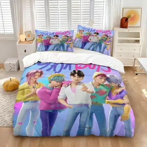 K-pop Boy Group Anime Duvet Cover Set, 1 Duvet Cover + 1/2 Pillowcases, No Core, Sweet Pastel Print with Idol Quintet & Hearts, Soft Cozy Breathable All-Season Decorative Bedding Set for Teens & K-pop Fans Bedroom & Dorm Decor