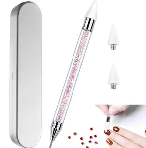 Nail Rhinestone Picker Dotting Tool with Extra 2 Wax Head, Dual-ended DIY Nail Art Tool With Pink Acrylic Handle