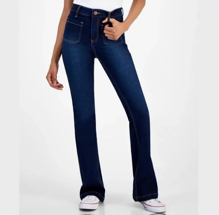 Dollhouse Juniors' High-Rise Patch-Pocket Flare-Hem Jeans GA-2474 Stylish Dark Blue Button Closure Front Pockets Casual Outfit