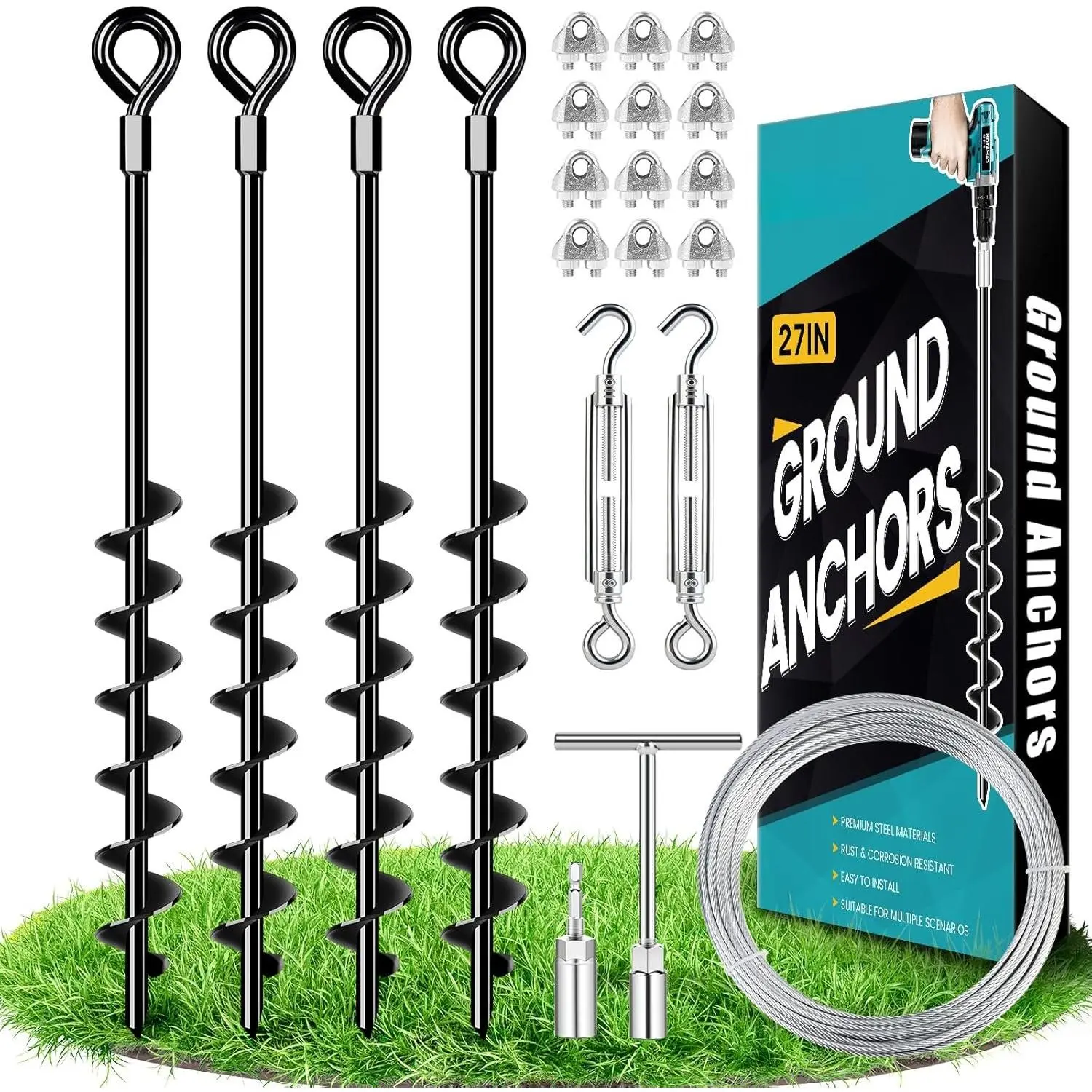 27" Ground Anchors Heavy Duty Shed Anchors Kit, Mobile  Anchor with 3/16" Galvanized  and Turnbuckles for Sheds Canopy Gazebo Trampoline Swing Set(4x27in)