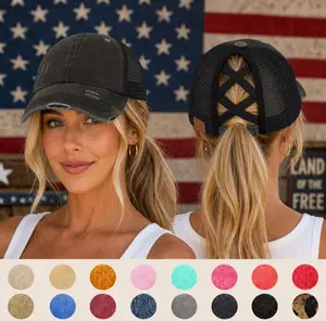 Patriotic Distressed Denim Ponytail Baseball Cap for Women – July 4th & Memorial Day Summer Hat, Adjustable Criss-Cross Back