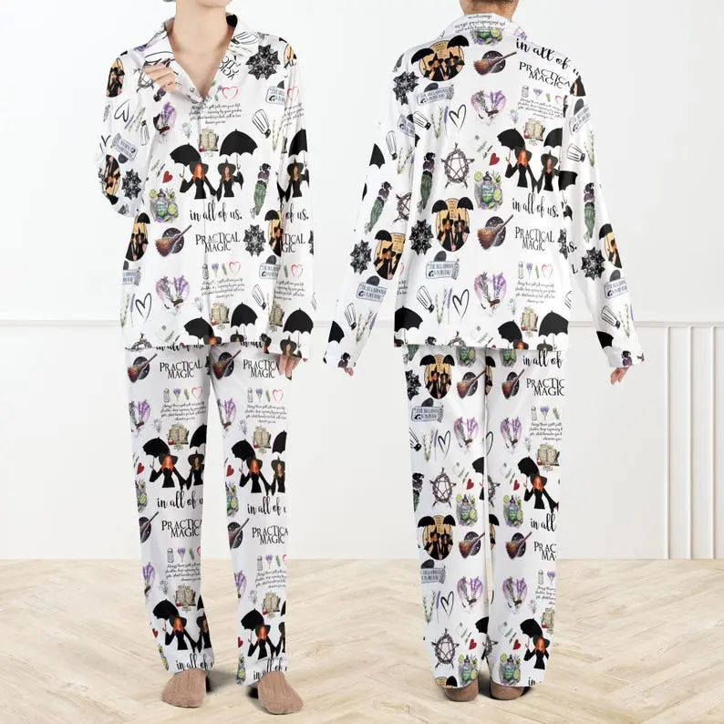 Practical Magic Witches Silky Satin Pajama Set For Women Vintage Halloween Horror Gift Spooky Movie Loungewear Top with Chest Pocket & Bottom with Elastic Waistband - Shirt