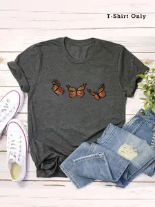 【Plus Size】Women's Butterfly Print Round Neck Tee, Casual Crew Neck Short Sleeve Plus Size T-shirt for Summer, Women's Clothing for Daily Wear
