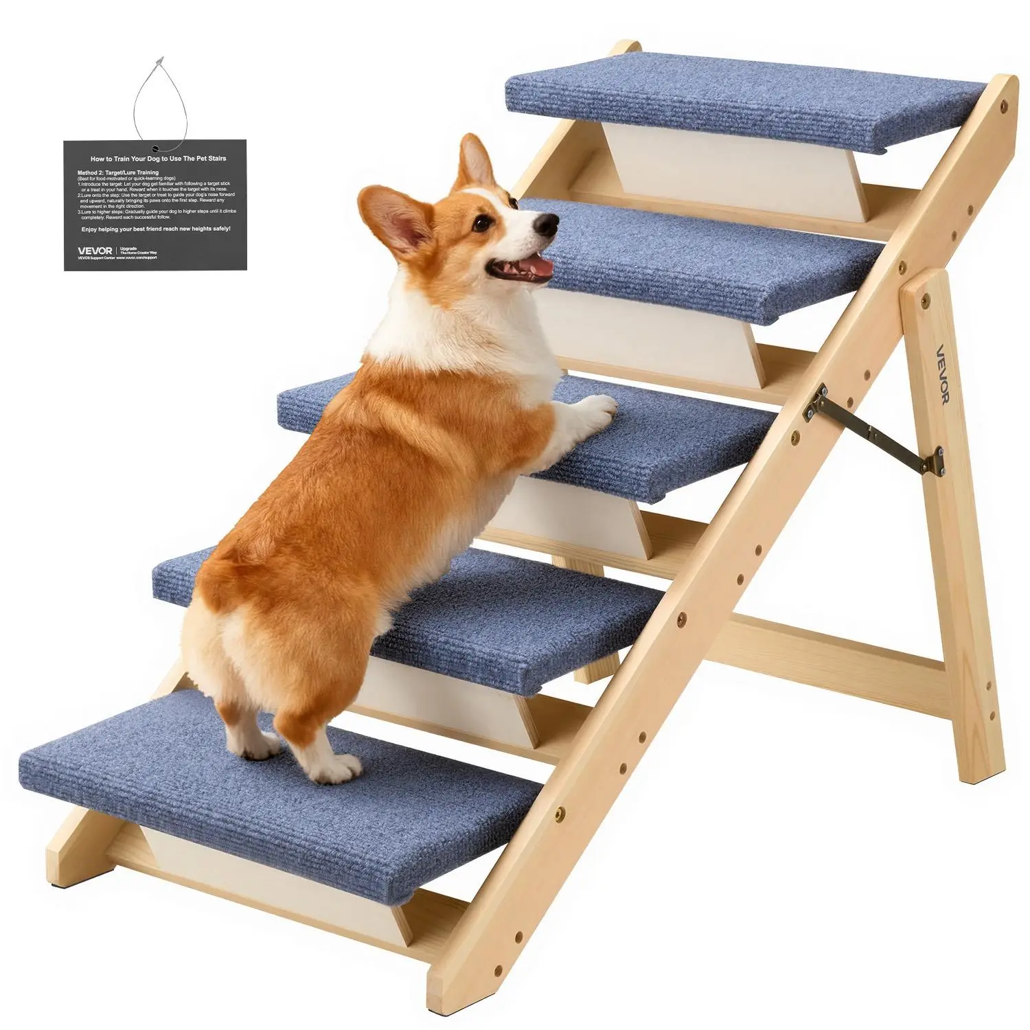 【BackToSchool】VEVOR Polyester Wood Anti-Slip Stairs & Steps, 5-Step Secure Support Ladder for Small-Large Older Pets, 150 lbs Load Capacity, Foldable Easy-to-Carry-and-Store Design, Comfortable for Bed & Car Use, Easy To Accept