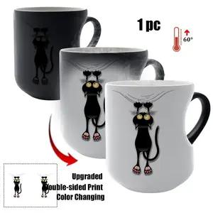 Thermosensitive Ceramic Mug with Heart-Shaped Handle, Cat Design, 11oz/330ML Color-Changing Coffee Cup, Ideal Gift for Coffee Lovers