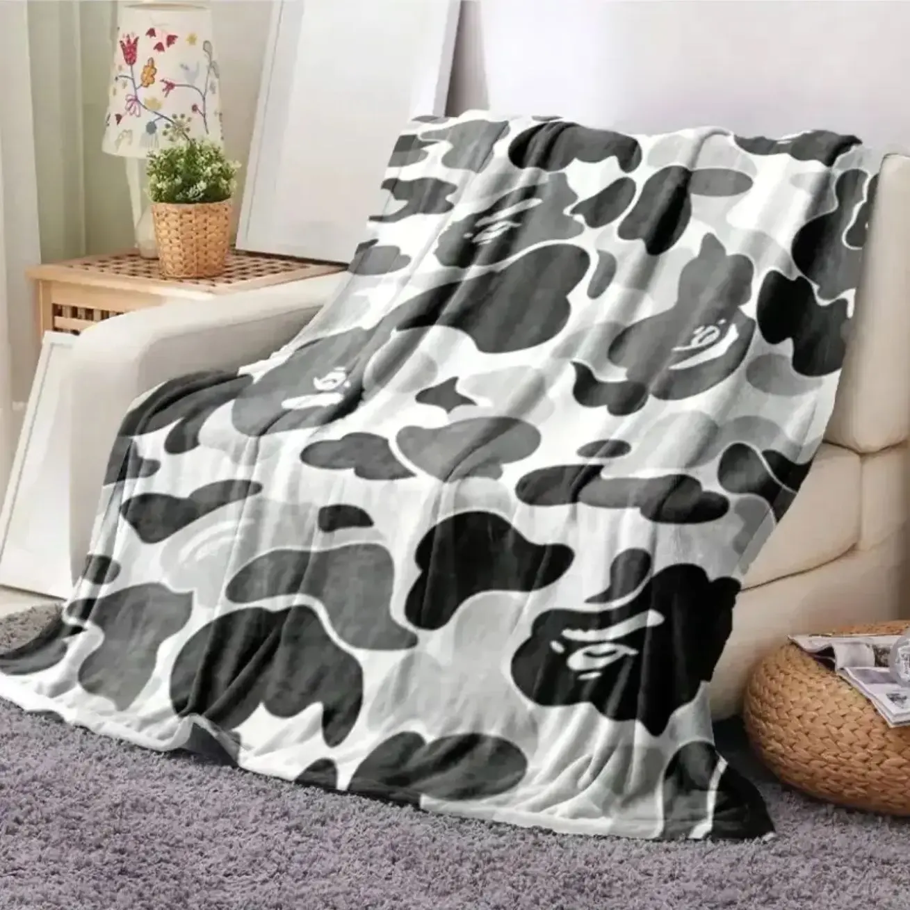 BAPE ABC Camo Shark Streetwear Throw Blanket Soft Cozy Plush Flannel Fleece Bed Blanket for Kids Teens Adults, Lightweight Warm Blanket