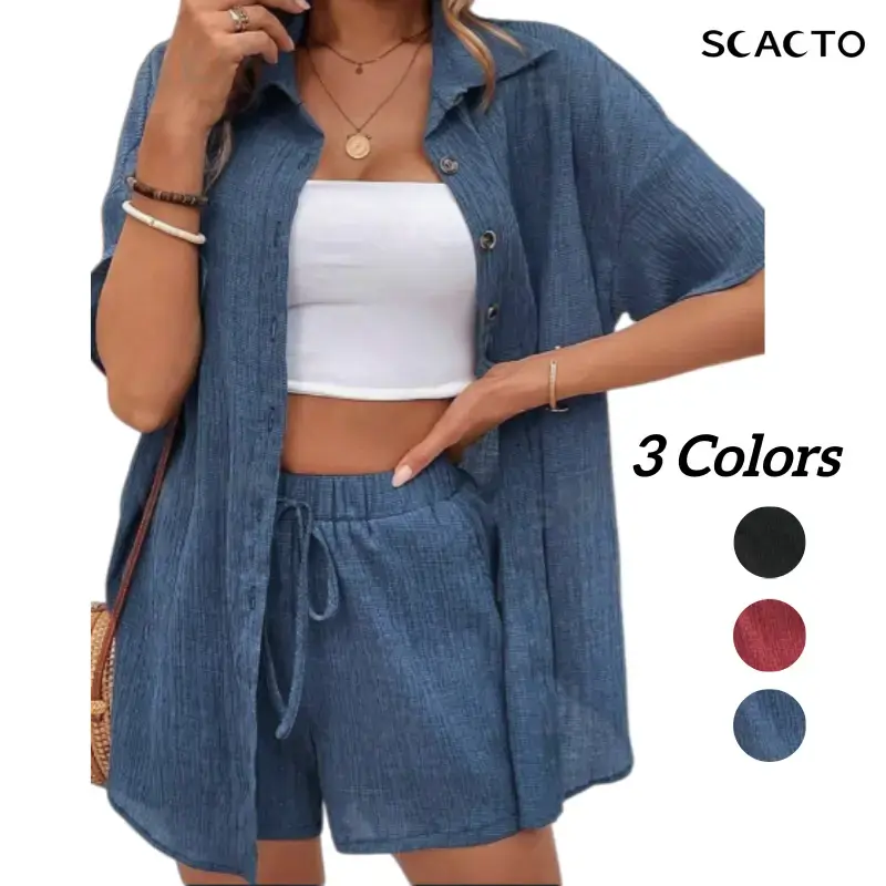Scacto Women's Casual Plain 2 Piece Set - Collared Short-Sleeve Button-Down Shirt and Matching Shorts, Shortsleeve, Women's Clothes, Basic, 2 Piece Sets, Outfits, Clothes For Women