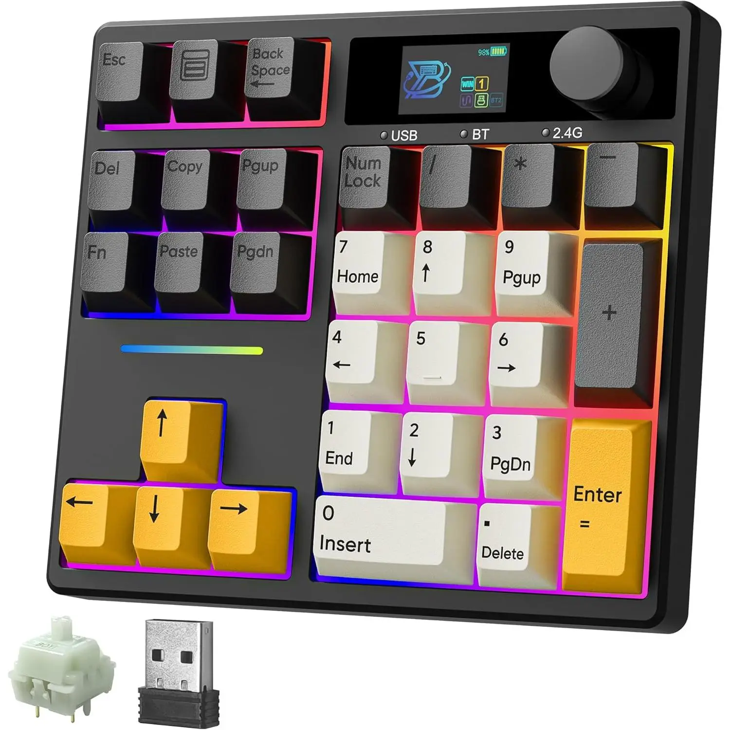 TD31Pro Gasket Structure Hot Swappable Mechanical Numpad with Metal Knob, Mini RGB Number Pad with Screen, Wireless Bluetooth 5.0/2.4G/Type-C, PBT Keycaps, Rechargeable Mode Switching for PC (Black-Grey)